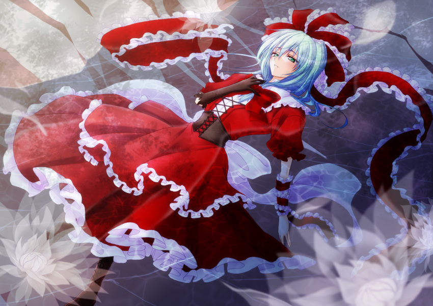 bow commentary_request corset dress elbow_gloves female frills front_ponytail gloves green_eyes green_hair hair_ornament hair_ribbon hairbow hazuki_kasane kagiyama_hina long_hair ribbon smile solo touhou