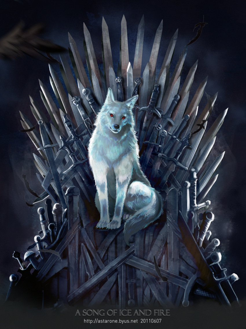 a_song_of_ice_and_fire albino animal commentary_request copyright_name feathers game_of_thrones ghost_(a_song_of_ice_and_fire) highres iron_throne no_humans photoshop_(medium) realistic red_eyes sitting solo sword throne watermark weapon web_address weed_(astarone) wolf