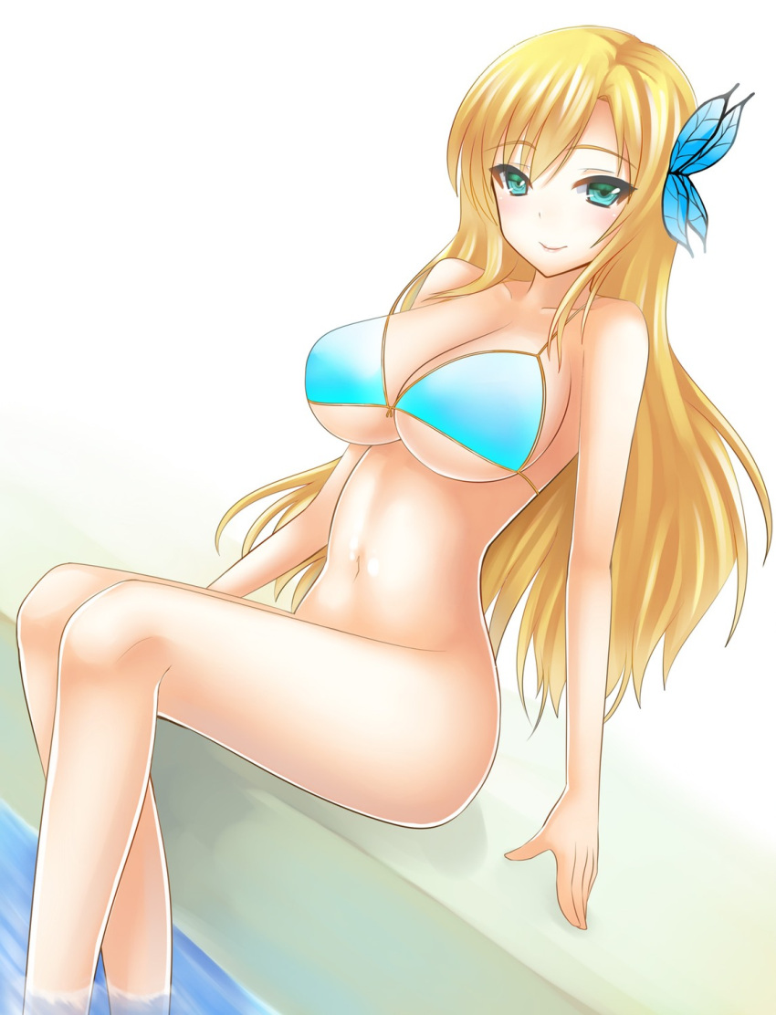 bikini bikini_top_only blonde_hair blush boku_wa_tomodachi_ga_sukunai bottomless breasts bug butterfly butterfly_hair_ornament commentary_request duplicate female green_eyes hair_ornament highres image_sample kashiwazaki_sena large_breasts long_hair navel partially_submerged resized shima-shuu shiny_skin sitting skinny smile solo swimsuit water yandere_sample