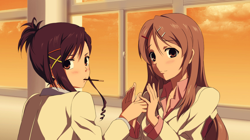 2girls amage_kanade bad_id bad_pixiv_id black_hair brown_hair candy_boy food incest long_hair multiple_girls photoshop_(medium) pocky sakurai_kanade sakurai_yukino siblings sisters uniform yuri