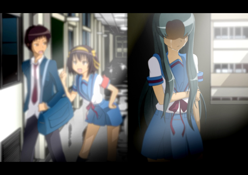 1boy 2girls bag blurry brown_hair commentary_request depth_of_field envy hairband highres holding_own_arm kita_high_school_uniform kyon long_hair multiple_girls photoshop_(medium) point23 school_uniform serafuku shaded_face soft_focus summer_uniform suzumiya_haruhi suzumiya_haruhi_no_yuuutsu tears tsuruya winter_uniform