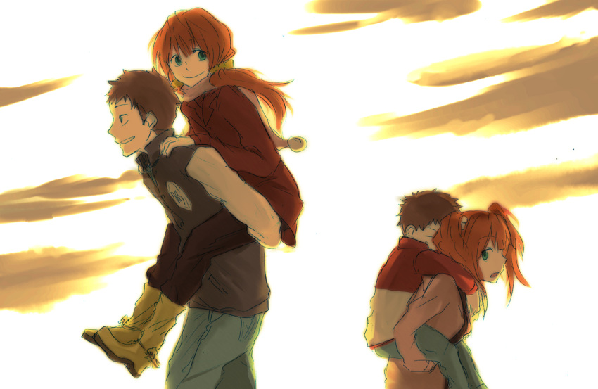 1boy age_progression aged_up boots brother_and_sister brown_hair carrying commentary_request female green_eyes hair_ornament idolmaster idolmaster_(classic) jacket kyouno long_hair orange_hair piggyback scarf short_hair siblings smile takatsuki_chousuke takatsuki_yayoi twintails