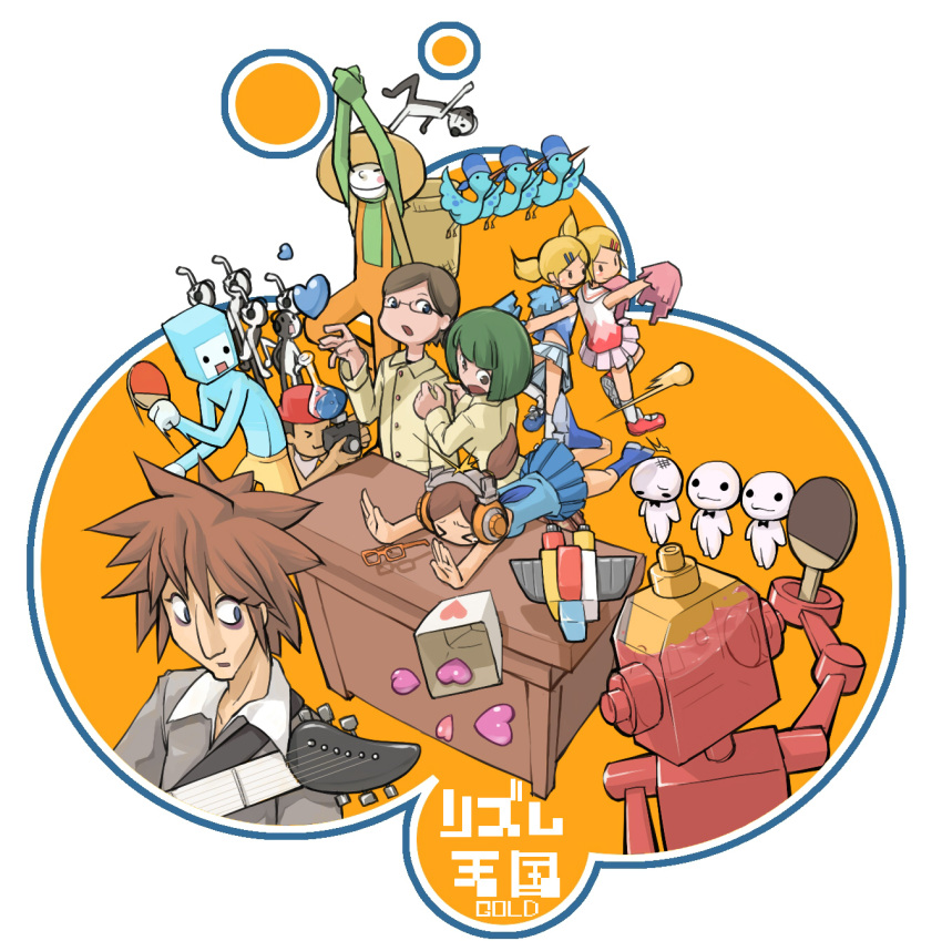 3boys 4girls brown_hair camera choir chorus_man commentary_request desk everyone glasses green_hair guitar heart highres instrument masha multiple_boys multiple_girls paddle researchers_of_love rhythm_tengoku rhythm_tengoku_gold robot rockers_(rhythm_tengoku) skirt table_tennis table_tennis_paddle