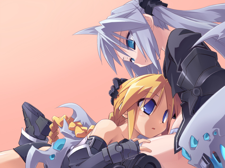 2girls armor bad_id bad_pixiv_id borrowed_character braid girl_with_a_blonde_braid_(tomoshibi_hidekazu) highres mof's_silver_haired_twintailed_girl multiple_girls orange_hair original silver_hair tomoshibi_hidekazu twintails