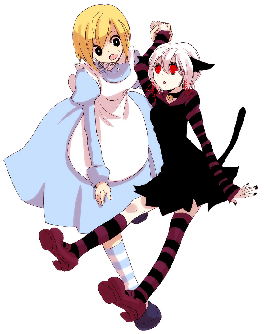 2girls akieru_nomaki alice_(alice_in_wonderland) alice_in_wonderland animal_ears apron asymmetrical_clothes bad_id bad_pixiv_id bell blonde_hair cat_ears cheshire_cat_(alice_in_wonderland) dress hair_ribbon highres kneehighs mary_janes multiple_girls photoshop_(medium) red_eyes ribbon shoes short_hair single_kneehigh single_sock single_thighhigh slit_pupils socks striped_clothes striped_thighhighs tail thighhighs