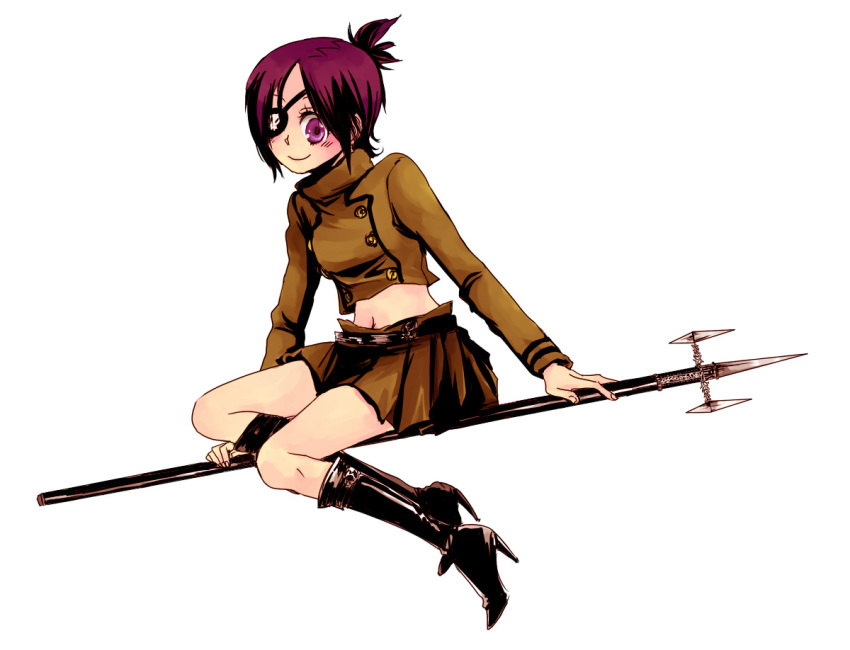 akieru_nomaki bad_id bad_pixiv_id boots chrome_dokuro crop_top eyepatch female katekyo_hitman_reborn! photoshop_(medium) purple_hair simple_background skirt smile solo staff weapon white_background