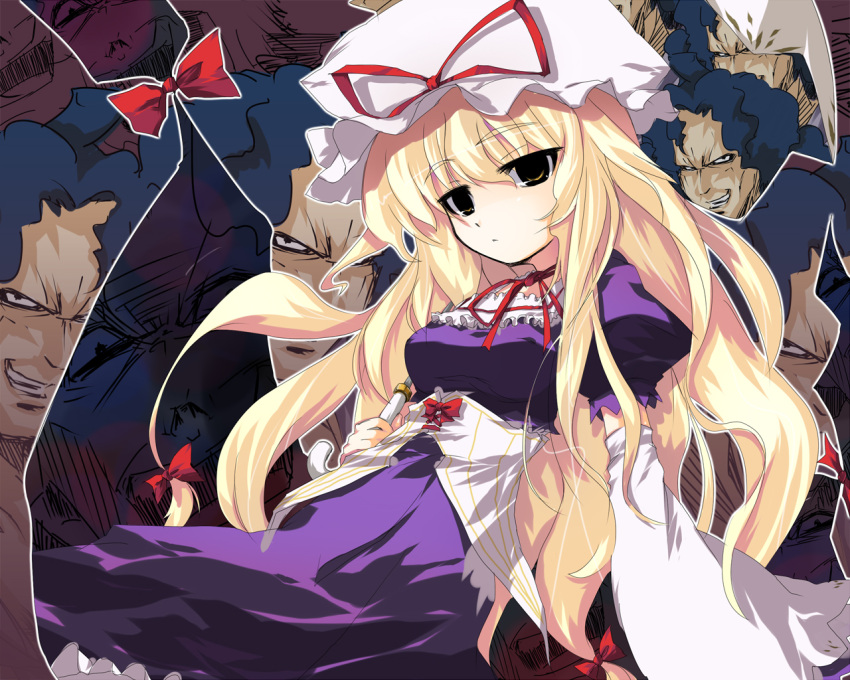 1boy bad_id bad_pixiv_id blonde_hair evil_grin evil_smile female gap_(touhou) grin gundam gym_ghingnham hat inagata long_hair parody ribbon smile touhou turn_a_gundam yakumo_yukari