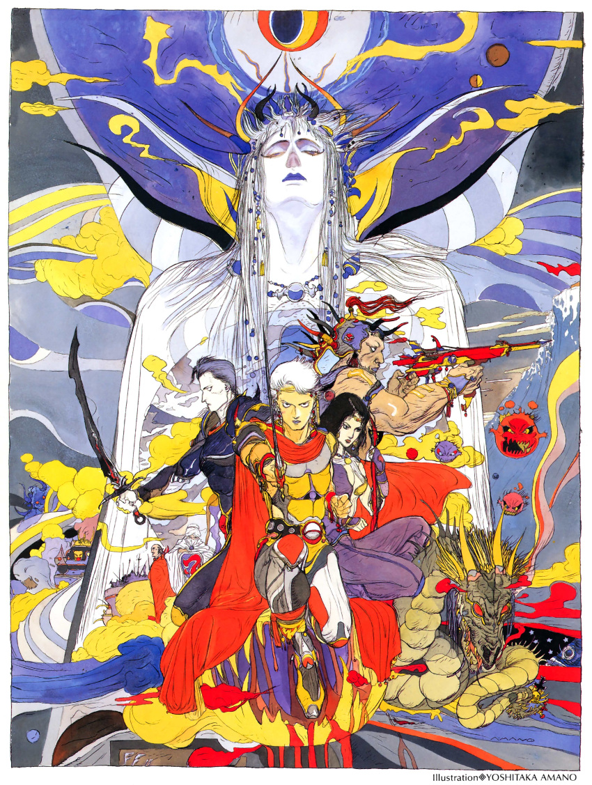 1990s_(style) 6+boys absurdres amano_yoshitaka armor bald black_hair bomb_(final_fantasy) cape crossbow dragon emperor_(ff2) final_fantasy final_fantasy_ii firion guy_(ff2) highres josef leon_(ff2) maria_(ff2) minwu monster multiple_boys official_art retro_artstyle shield sword weapon white_hair