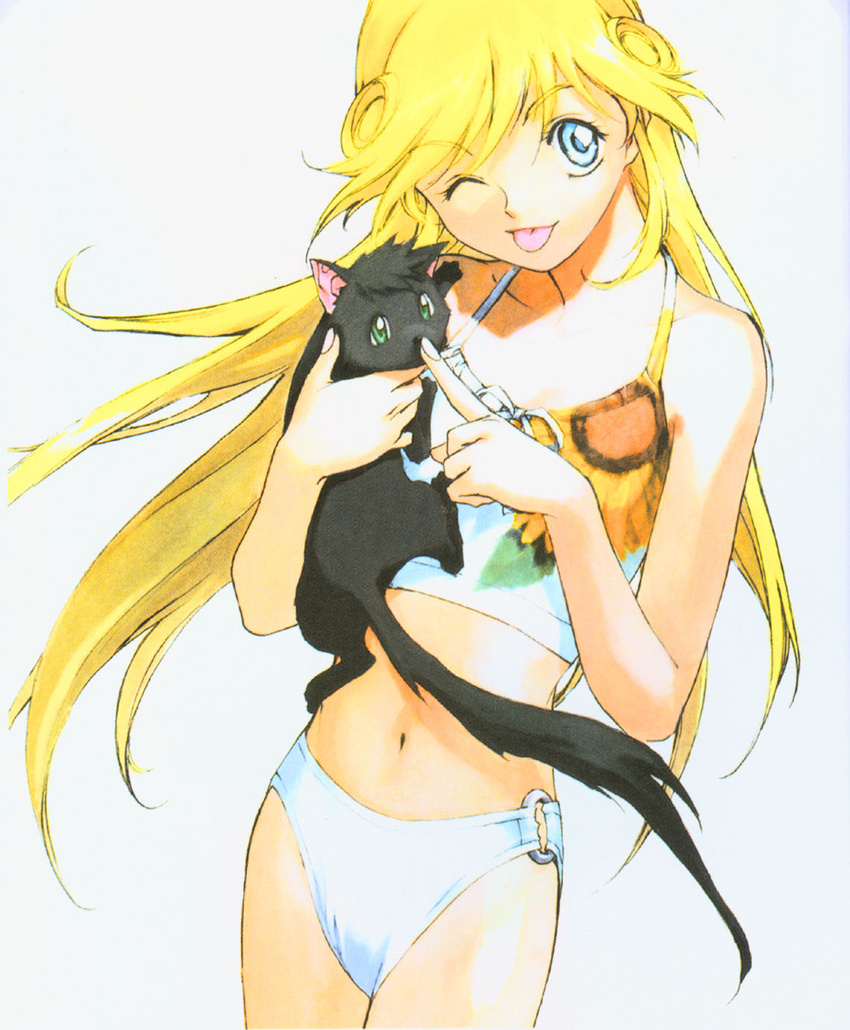 ;p bikini bikini_bottom_only blonde_hair blue_eyes cleo_everlastin feline female highres kusaka_yuuya leki long_hair majutsushi_orphen midriff one_eye_closed photoshop_(medium) scan swimsuit tank_top tongue tongue_out