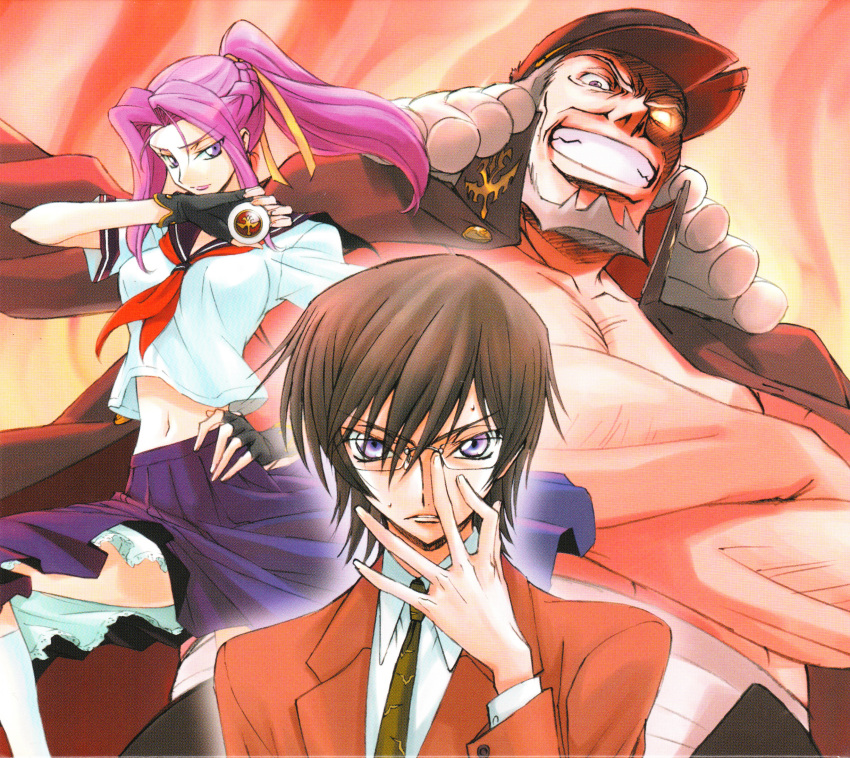 2boys absurdres charles_zi_britannia code_geass cornelia_li_britannia female gakuran glasses highres kimura_takahiro lelouch_vi_britannia midriff multiple_boys ookouchi_ricca photoshop_(medium) ponytail scan school_uniform