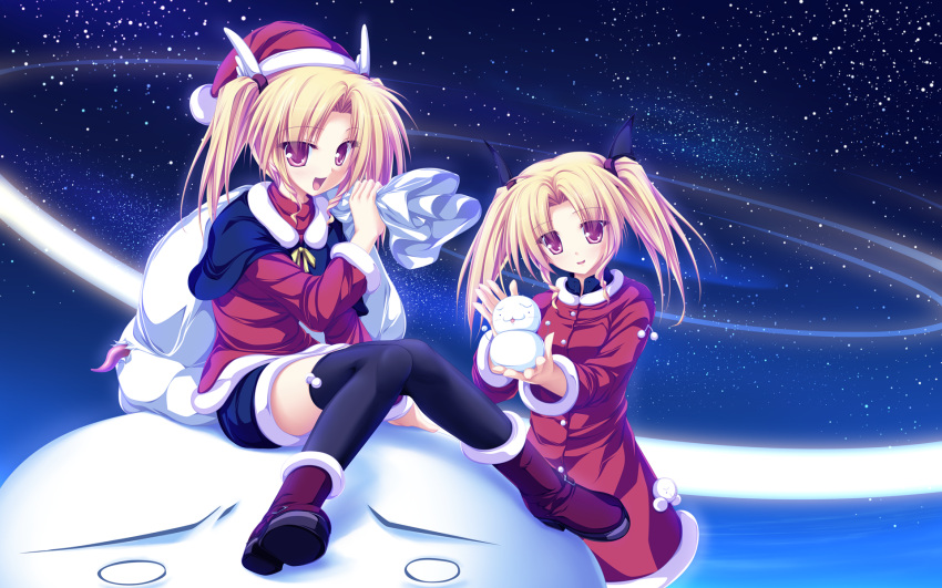 2girls blonde_hair boots capelet christmas hat highres magus_tale multiple_girls nina_geminis non-web_source pink_eyes rena_geminis sack santa_costume santa_hat siblings sisters sitting sky snowman star_(sky) starry_sky tenmaso thighhighs twins twintails