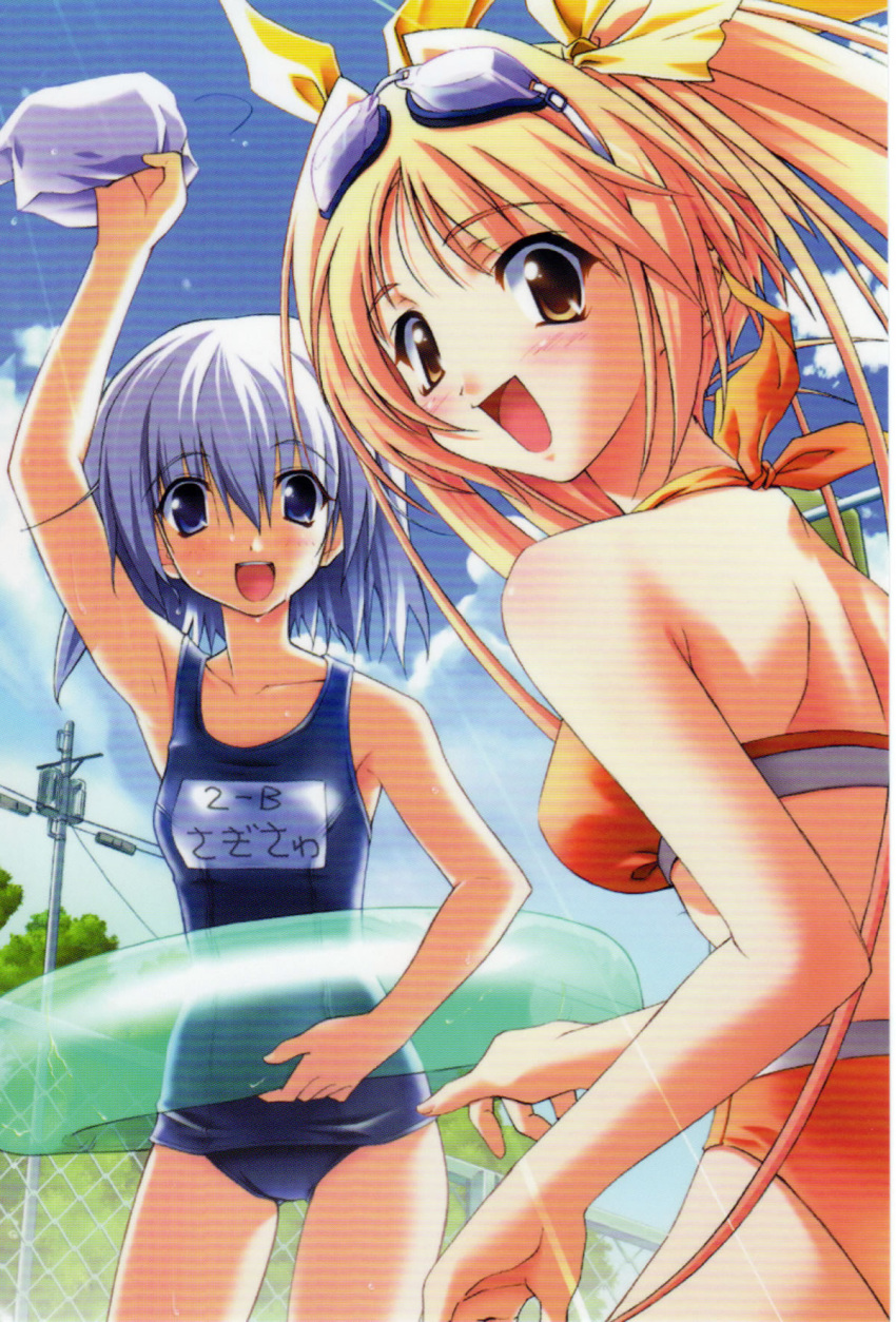 2girls :d armpits artist_request back bikini blonde_hair blue_eyes blue_hair blush chain-link_fence day fence goggles goggles_on_head hair_ribbon highres innertube long_hair looking_at_viewer looking_back memories_off memories_off_sorekara multiple_girls name_tag nonohara_haya one-piece_swimsuit open_mouth outdoors poolside power_lines ribbon sagisawa_yukari scan scan_artifacts school_swimsuit short_hair sky smile swim_cap swim_ring swimsuit transformer twintails utility_pole very_long_hair waving wet yellow_eyes