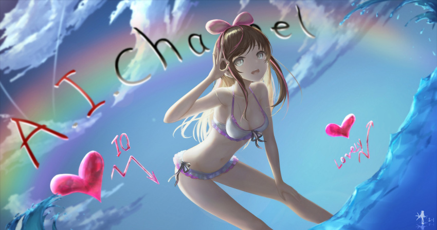 a.i._channel bikini breasts clouds hc heart jpeg_artifacts kizuna_a.i. sky swimsuit water