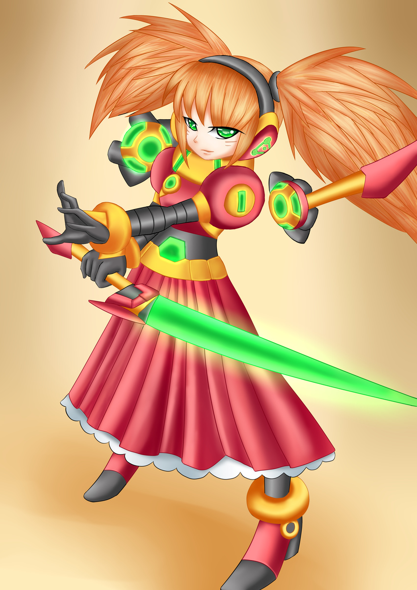 absurdres call_(mighty_no._9) call_d energy_sword female green_eyes headphones highres joints long_hair mighty_no._9 neon_trim orange_hair pleated_skirt robot robot_joints scrunchie skirt solo sword twintails weapon wingrider