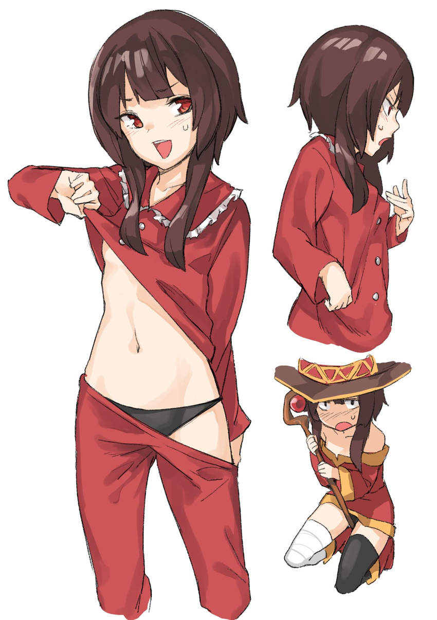 bad_id bad_twitter_id bandaged_leg bandages between_legs black_hair black_panties black_thighhighs blunt_bangs brown_hair buttons female hat highres inactive_account kneeling kono_subarashii_sekai_ni_shukufuku_wo! lifting_own_clothes megumin muchi_maro multiple_views navel open_mouth pajamas pajamas_pull panties red_eyes short_hair_with_long_locks sidelocks simple_background single_thighhigh smile staff stomach thighhighs underwear white_background witch_hat