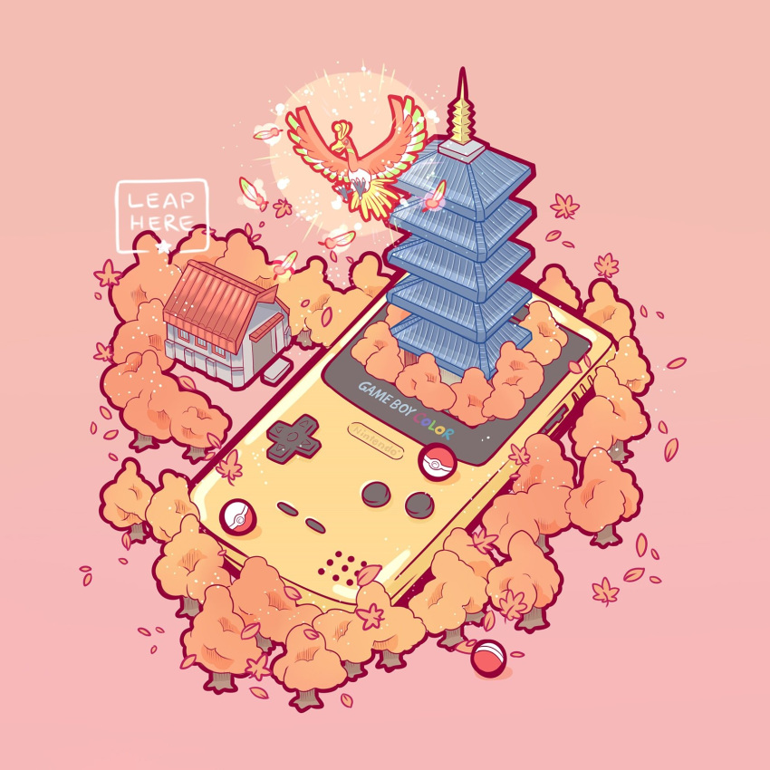 autumn bell_tower_(pokemon) bird commentary ecruteak_city english_commentary flying game_boy game_boy_color handheld_game_console highres ho-oh house isometric leaphere no_humans pink_background poke_ball poke_ball_(basic) pokemon pokemon_(creature) pokemon_gsc simple_background tower tree