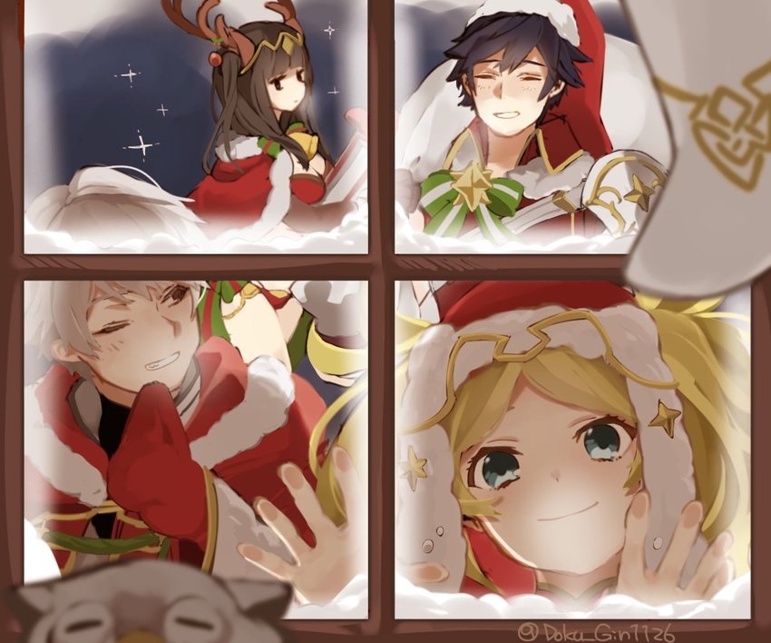 2boys 2girls antlers bell bird black_hair blonde_hair blue_eyes blue_hair breasts chrom_(fire_emblem) chrom_(winter)_(fire_emblem) cleavage closed_eyes closed_mouth commentary doku_gin1126 feh_(fire_emblem_heroes) fire_emblem fire_emblem_awakening fire_emblem_heroes fur_trim grin hat horns lissa_(fire_emblem) lissa_(winter)_(fire_emblem) long_hair mittens multiple_boys multiple_girls one_eye_closed owl red_hat red_mittens reindeer_antlers robin_(fire_emblem) robin_(male)_(fire_emblem) robin_(male)_(winter)_(fire_emblem) sack santa_hat short_hair smile symbol-only_commentary tharja_(fire_emblem) tharja_(winter)_(fire_emblem) tiara twintails twitter_username white_hair window