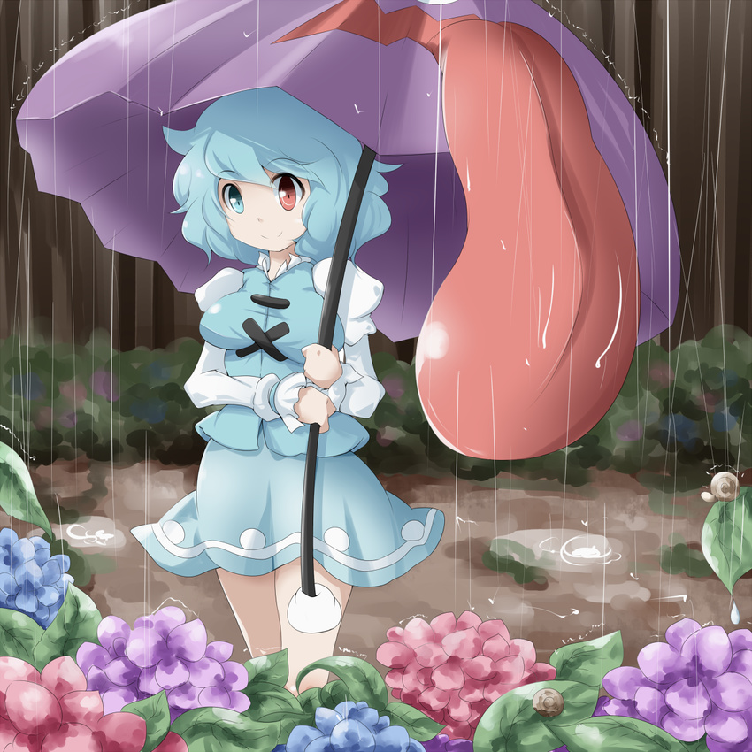 blue_eyes blue_hair commentary_request female flower forest heterochromia highres hydrangea juliet_sleeves karakasa_obake kikurage_(sugi222) leaf long_sleeves looking_at_viewer miniskirt nature outdoors puddle puffy_sleeves rain red_eyes short_hair skirt skirt_set smile snail solo tatara_kogasa touhou umbrella