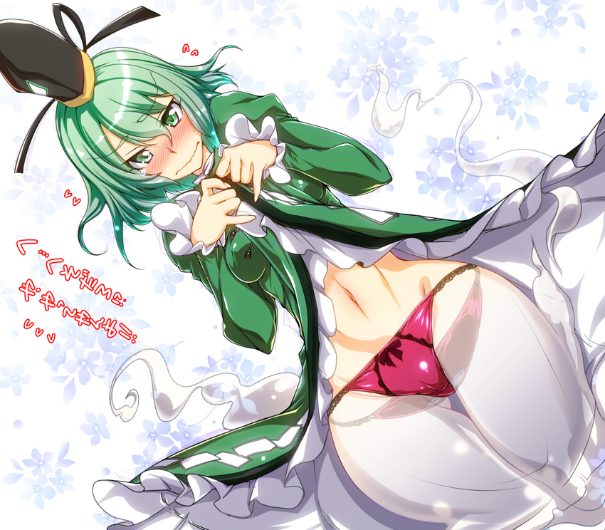 ass_visible_through_thighs blush clothes_lift commentary_request dress dress_lift ebiten_g-san embarrassed female ghost ghost_tail green_dress green_eyes green_hair hat long_sleeves navel ofuda panties red_panties see-through soga_no_tojiko solo tate_eboshi touhou translation_request underwear wavy_mouth wide_hips yatteyan'yo