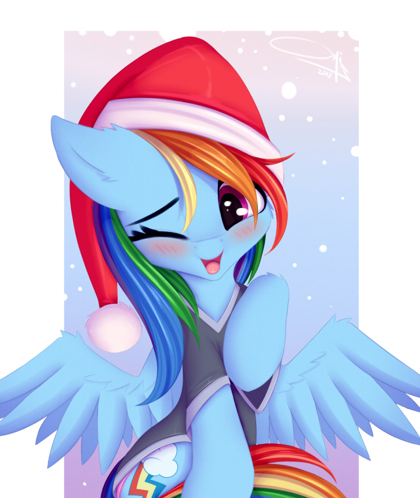 2018 blue_body blue_fur blue_wings blush christmas christmas_clothing christmas_headwear clothed clothing cutie_mark digital_media_(artwork) equid equine female feral friendship_is_magic fur hair hasbro hat headgear headwear hi_res holidays looking_at_viewer mammal multicolored_hair multicolored_tail my_little_pony mythological_creature mythological_equine mythology omiart one_eye_closed pegasus purple_eyes rainbow_dash_(mlp) rainbow_hair rainbow_tail santa_hat smile solo spread_wings tail underwear wings