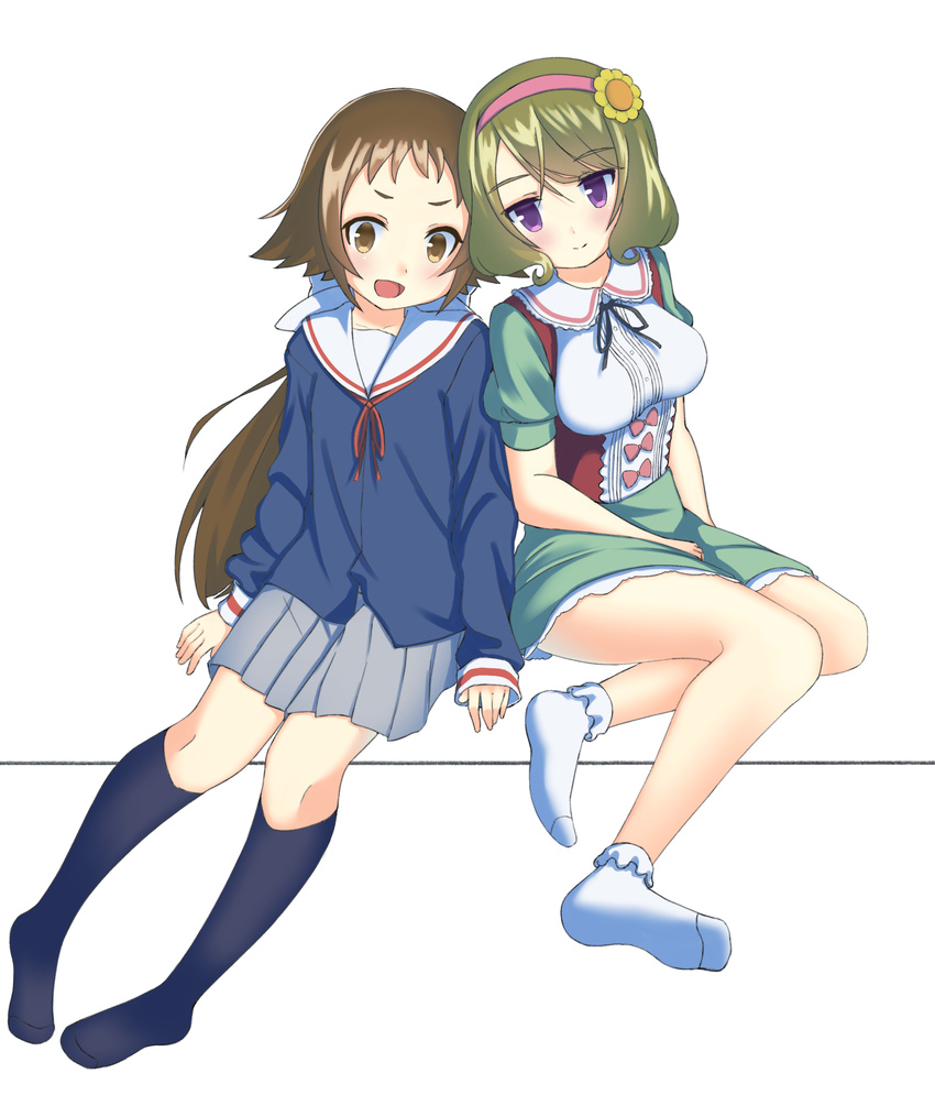 2girls :d absurdres blue_legwear bobby_socks breasts brown_eyes brown_hair commentary_request flower hair_flower hair_ornament hairband highres hinako_note kneehighs kuroyanagi_ruriko large_breasts mikakunin_de_shinkoukei mitsumine_mashiro multiple_girls no_shoes open_mouth oppai_loli purple_eyes sansu school_uniform short_hair sleeves_past_wrists smile socks voice_actor_connection white_legwear yellow_eyes yoshida_yuuri