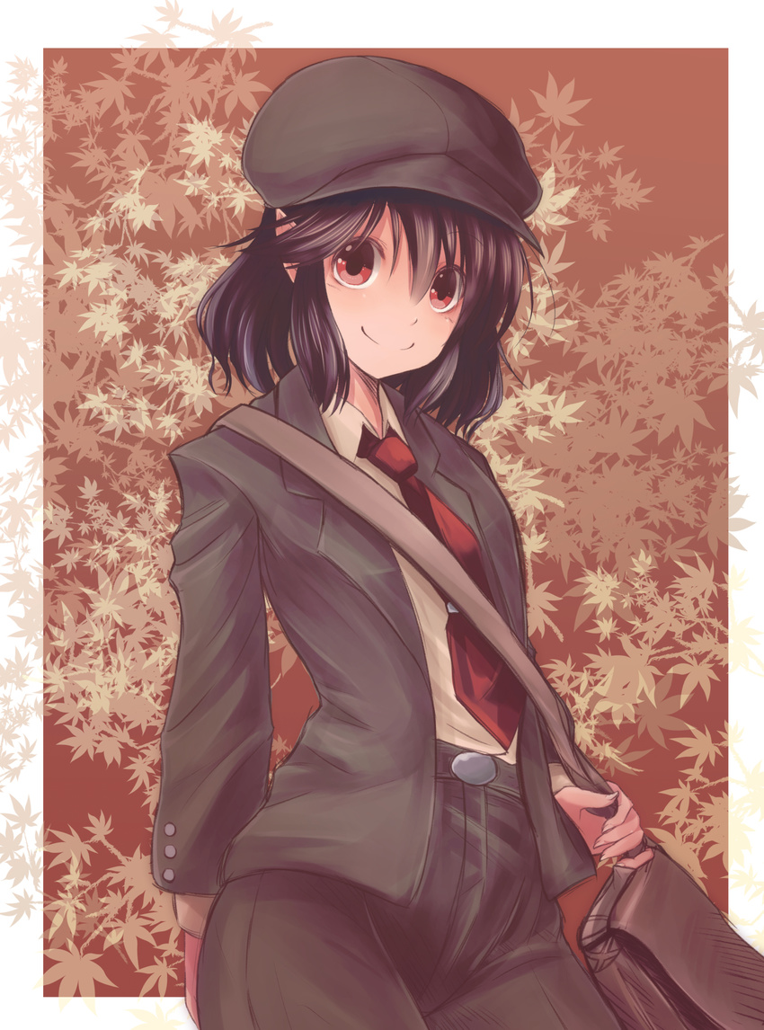 bad_id bad_pixiv_id bag belt black_hair border brown_background cabbie_hat collared_shirt contemporary cowboy_shot female forbidden_scrollery hat highres hip_focus jacket knickers leaf leaf_background long_sleeves looking_at_viewer necktie nekomiyanono outside_border pointy_ears red_necktie satchel shameimaru_aya shameimaru_aya_(newsboy) shirt short_hair smile solo tie_clip touhou white_border