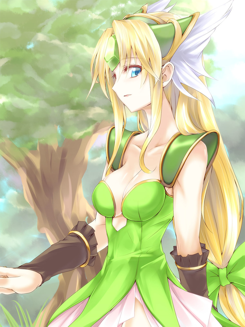 bad_id bad_pixiv_id blonde_hair blue_eyes breasts collarbone day dress female gem gloves green_dress helmet highres kurokawa_(silve) long_hair looking_at_viewer low-tied_long_hair medium_breasts outdoors photoshop_(medium) riesz seiken_densetsu seiken_densetsu_3 solo tree very_long_hair