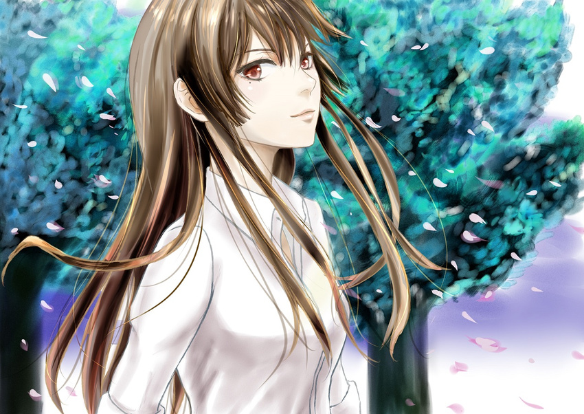 brown_eyes brown_hair cherry_blossoms female kujou_sakurako long_hair looking_at_viewer mole mole_under_eye riku_(rikkuru) sakurako-san_no_ashimoto_ni_wa_shitai_ga_umatteiru shirt solo tree white_shirt