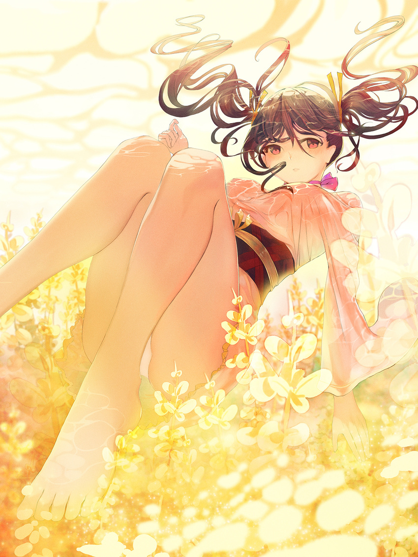 bad_id bad_pixiv_id barefoot blush breasts brown_hair caustics choker female floating_hair floral_print frilled_kimono frills from_below hair_between_eyes hair_ribbon highres japanese_clothes kimono koutetsujou_no_kabaneri long_hair long_sleeves looking_at_viewer medium_breasts muike mumei_(kabaneri) obi panties pantyshot parted_lips photoshop_(medium) pink_ribbon red_eyes ribbon ribbon_choker sash seaweed see-through short_kimono solo twintails underwater underwear white_panties wide_sleeves yellow_ribbon