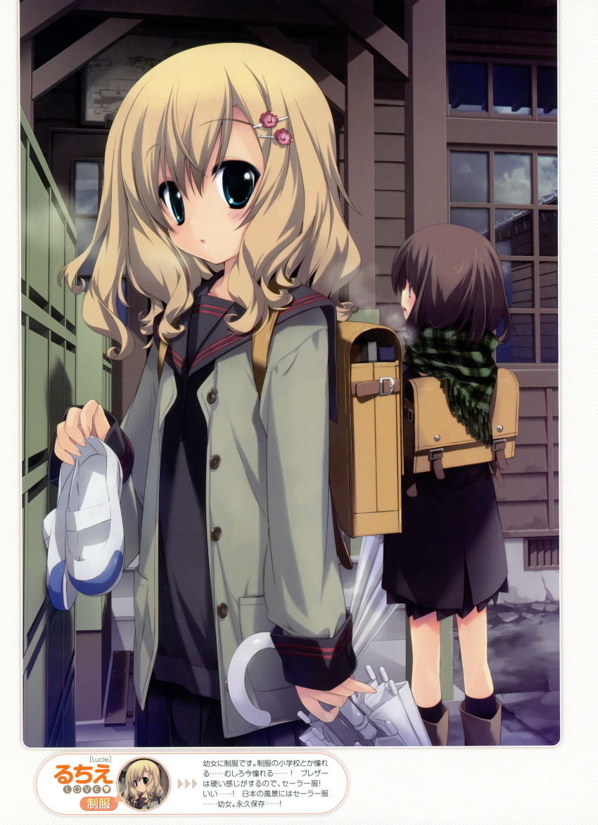 2girls absurdres backpack bag boots copyright_request gotou_nao hair_ornament hairclip highres holding holding_shoes jacket locker lockers lucie multiple_girls plaid plaid_scarf randoseru rubber_boots scarf school_bag school_uniform serafuku shoes skirt umbrella uwabaki