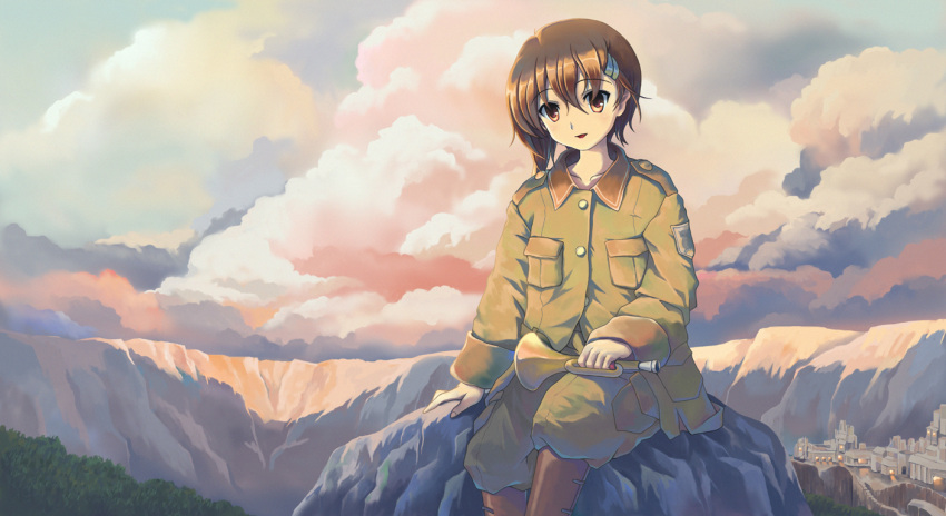 boots brown_eyes brown_hair city commentary_request female hair_ornament hairclip instrument landscape military military_uniform outdoors ranranloo short_hair sitting solo sora_no_woto sorami_kanata trumpet uniform