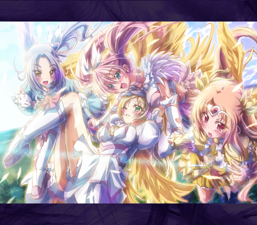 4girls :d alternate_costume blonde_hair blue_choker blue_eyes blush boots bow bubble_skirt choker circlet commentary_request cure_beat cure_beat_(crescendo) cure_melody cure_melody_(crescendo) cure_muse cure_muse_(crescendo) cure_muse_(yellow) cure_rhythm cure_rhythm_(crescendo) dress earrings eyelashes feathered_wings feline frills green_eyes hair_ornament hair_ribbon heart highres houjou_hibiki hummy_(suite_precure) inoshishi_(ikatomo) jewelry kurokawa_eren letterboxed long_hair magical_girl minamino_kanade multiple_girls oerba_yun_fang one_eye_closed open_mouth orange_hair pink_choker pink_hair precure purple_hair ribbon seiren_(suite_precure) shirabe_ako side_ponytail skirt smile suite_precure twintails wings yellow_bow yellow_choker yellow_eyes