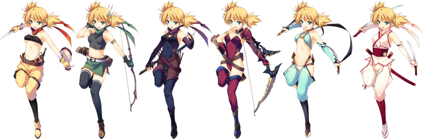 :d arrow blonde_hair bow_(weapon) bridal_gauntlets clothed_navel costume_chart dagger dual_wielding elbow_gloves fingerless_gloves gloves katana kawata_hisashi leotard midriff navel sasamori_karin sword thighhighs to_heart_2 to_heart_2_dungeon_travelers twintails weapon