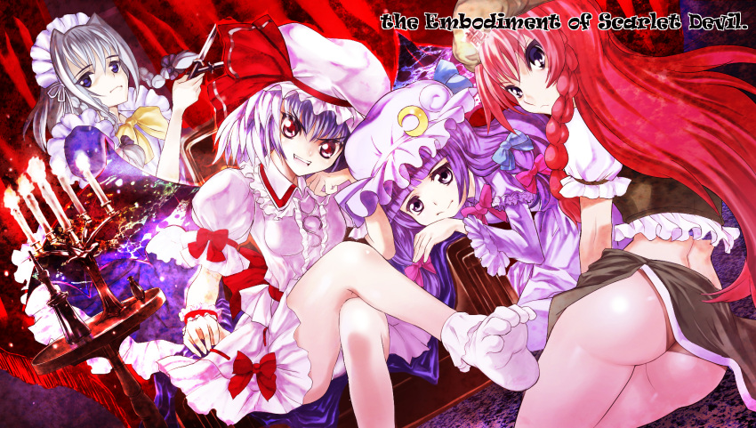 4girls ass bad_id bad_pixiv_id blue_eyes bow braid candle crescent crossed_legs feet fire grey_hair hair_ribbon hairbow hat head_rest hekiten highres hong_meiling izayoi_sakuya knife long_hair looking_back maid maid_headdress multiple_girls open_mouth patchouli_knowledge photoshop_(medium) purple_eyes purple_hair red_hair remilia_scarlet ribbon short_hair sitting smile soles toes touhou twin_braids