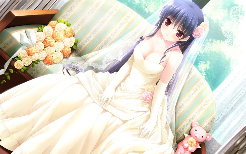 3: bare_shoulders blue_hair blush bouquet breasts cleavage couch dress dutch_angle elbow_gloves female flower gloves hair_flower hair_ornament highres kanekiyo_miwa long_hair medium_breasts natsu_no_ame red_eyes segawa_rikako sitting solo stuffed_animal stuffed_toy veil very_long_hair wedding_dress window