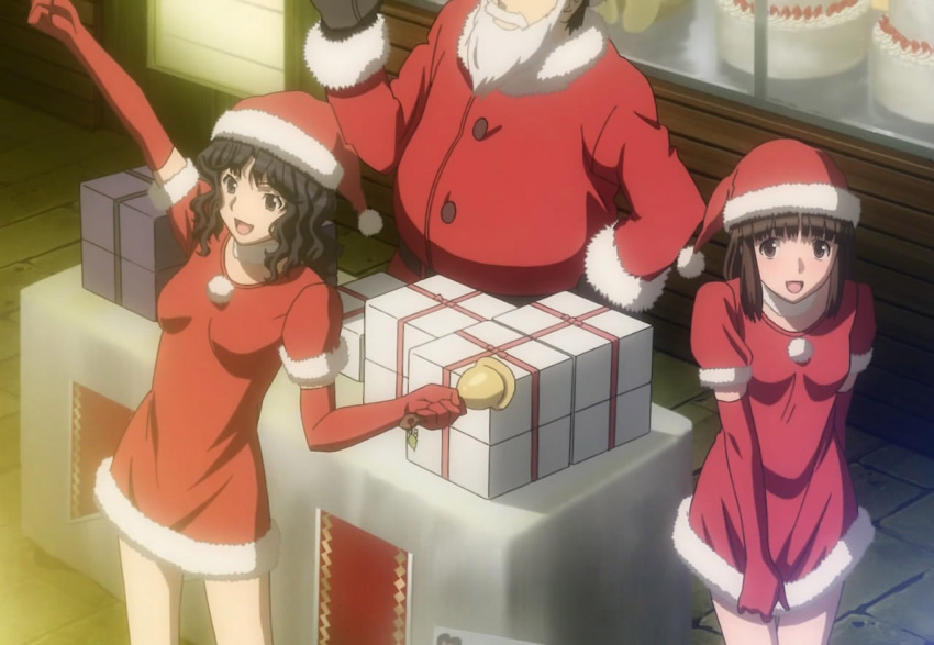 amagami bell_ringer cakes christmas sale santa's_helpers santa_claus screen_capture seasonal short_santa_uniforms tanamachi_kaoru