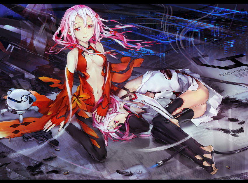 2girls bare_shoulders black_thighhighs bullet cable center_opening chinese_commentary cityscape commentary_request dan_evan dual_persona elbow_gloves feet fingerless_gloves fingernails gloves guilty_crown gun handgun highres hugging_own_legs letterboxed long_hair lying multiple_girls nail_polish navel on_side photoshop_(medium) pink_eyes pink_hair robot sitting smile thighhighs toeless_legwear toes wariza weapon yuzuriha_inori