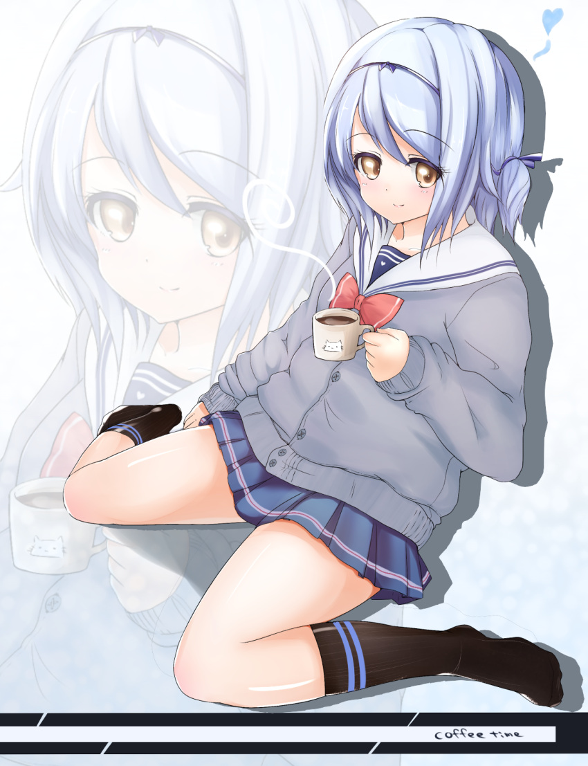 bad_id bad_pixiv_id blue_hair bow coffee cup female hair_ribbon hairband heart highres mug original print_mug ribbon school_uniform sitting socks solo spoken_heart steam wariza yuna_(spn28u79)