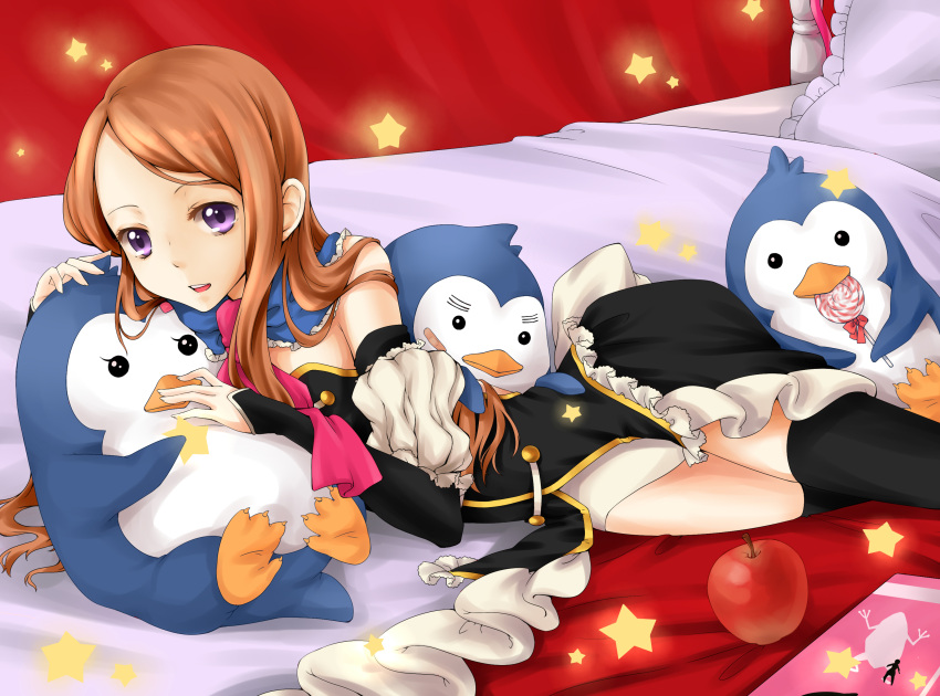 apple bad_id bad_pixiv_id bird black_thighhighs brown_hair detached_sleeves diary female food fruit highres long_hair looking_at_viewer lying mawaru_penguindrum nanairo on_side parted_lips penguin penguin_1-gou penguin_2-gou penguin_3-gou princess_of_the_crystal purple_eyes star_(symbol) takakura_himari thighhighs