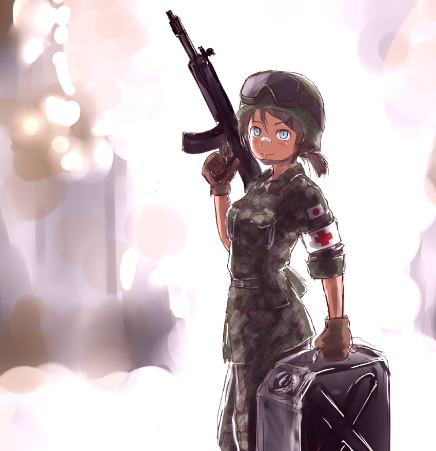 armband assault_rifle bandaid blue_eyes brown_hair camouflage commentary_request cross female flag gloves goggles gun helmet highres japan_ground_self-defense_force japan_self-defense_force jerry_can military military_uniform ponytail red_cross rifle senogawa sleeves_rolled_up smile uniform weapon woodland_camouflage