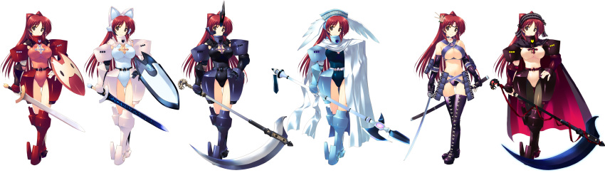 amazuyu_tatsuki armor cape costume_chart greaves halberd headdress katana kousaka_tamaki leotard long_hair polearm red_hair scythe shield sword to_heart_2 to_heart_2_dungeon_travelers weapon