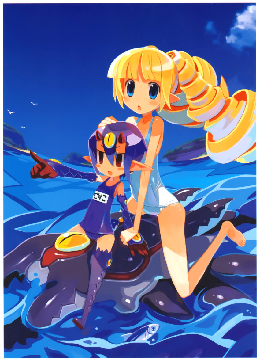 2girls :o absurdres archer_(disgaea) barefoot blonde_hair blue_eyes boots desco_(disgaea) disgaea drill_hair fish harada_takehito highres horns jingle_bell_earrings jitome makai_senki_disgaea_4 monster_girl multiple_girls official_art one-piece_swimsuit outdoors pointing purple_footwear purple_hair red_eyes school_swimsuit swimsuit water white_one-piece_swimsuit