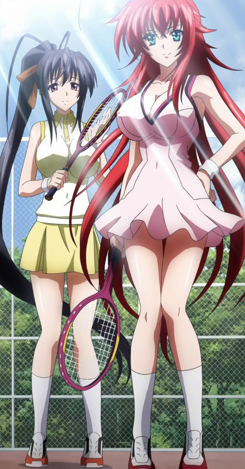 brown_hair exterior fencing highschool_dxd himejima_akeno long_hair looking_at_viewer ponytail red_hair rias_gremory screen_capture sun_glare tennis_rackets tennis_uniform