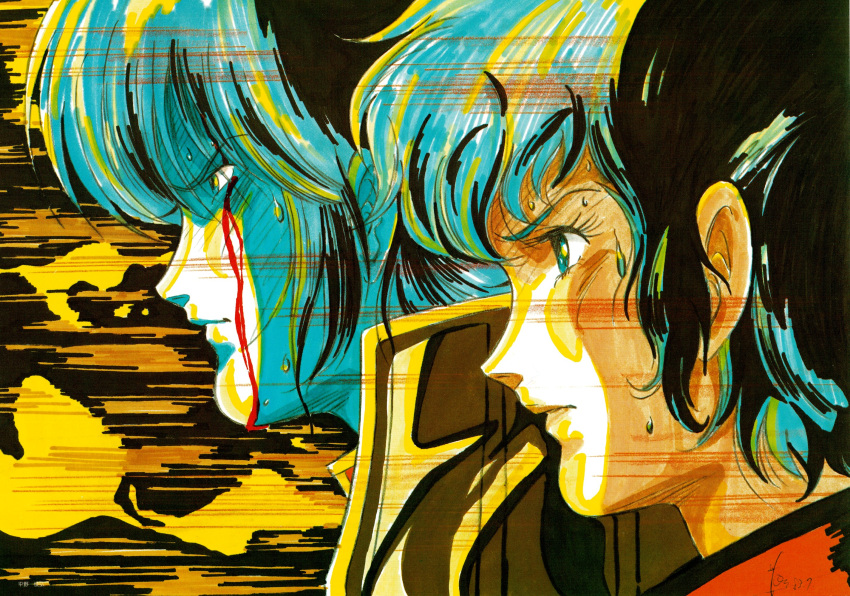 1980s_(style) 1boy blood blue_eyes blue_hair bob_cut choujikuu_yousai_macross dated female fire giant highres injury lips maclone macross marker_(medium) meltrandi mikimoto_haruhiko moruk_lap_lamiz motion_lines non-web_source production_art quamzin_kravshera retro_artstyle scan science_fiction serious short_hair sideburns signature spoilers sweat traditional_media zentradi