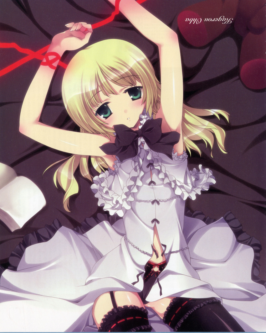 absurdres bed_sheet black_legwear black_panties blonde_hair bow copyright_request dress female frills garter_belt garter_straps garters green_eyes highres lolita_fashion ooba_kagerou open_clothes open_dress panties red_string ribbon solo string thighhighs underwear