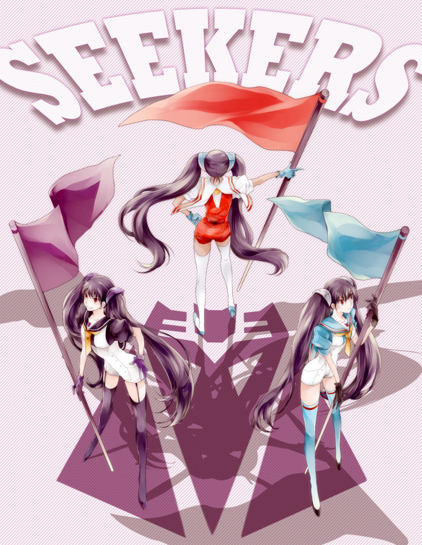 3girls ass bad_id bad_pixiv_id black_hair flag gloves high_heels highres humanization long_hair multiple_girls necktie nogusa photoshop_(medium) red_eyes shadow shoes skywarp smile starscream thighhighs thundercracker transformers transformers:_generation_1 twintails very_long_hair