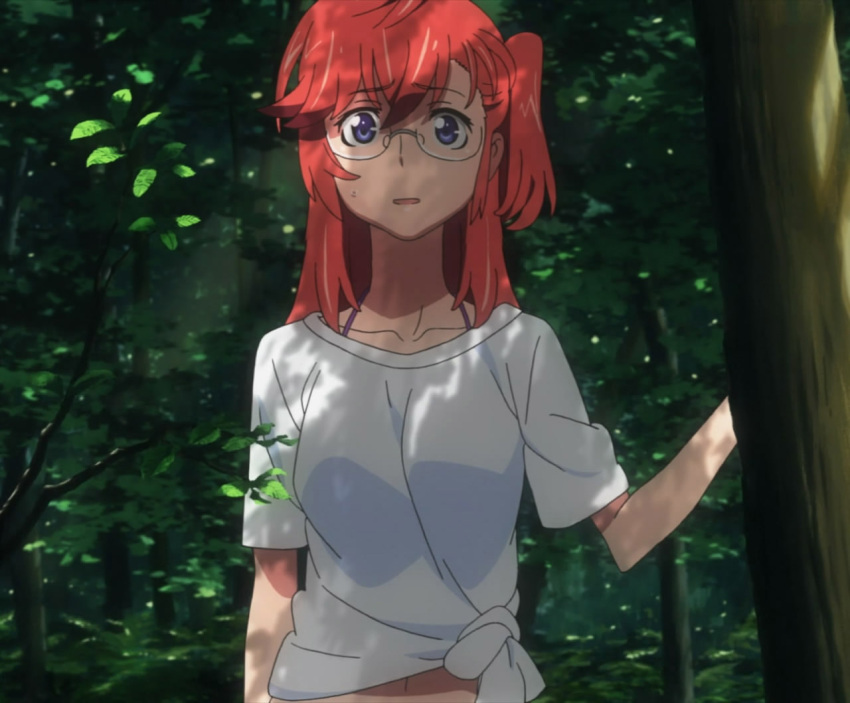 ano_natsu_de_matteru blue_eyes forest looking_at_viewer megane nervous red_hair screen_capture shading side_tail_motif sweat t-shirt takatsuki_ichika trees