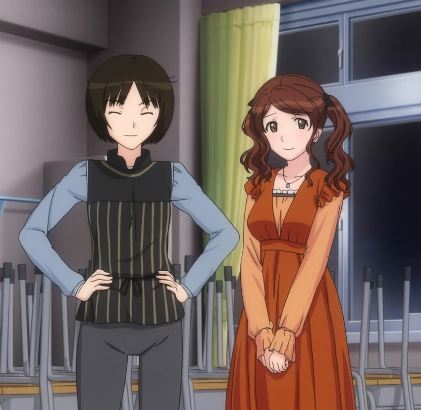 2_females amagami brown_hair costumes hands_at_front hands_on_hip nakata_sae screen_capture short_hair smile tachibana_miya twintails upsidedown_stacked_chairs window