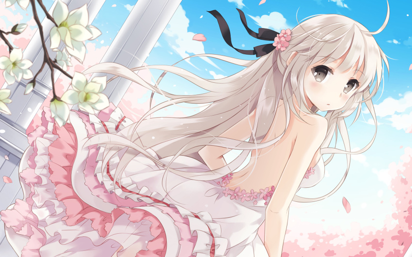 backless_dress backless_outfit bare_back bare_shoulders blurry cloud day depth_of_field dress dutch_angle female flower frills grey_eyes hair_flower hair_ornament hair_ribbon highres kasugano_sora layered_dress long_hair looking_back nyanya open_mouth petals pillar ribbon sky solo very_long_hair white_hair wind yosuga_no_sora