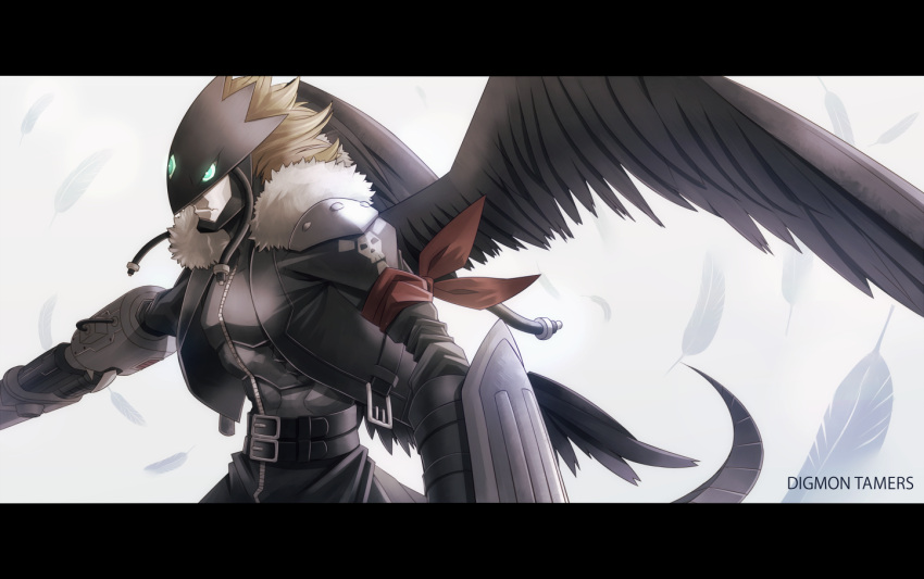 1boy arm_cannon bad_id bad_pixiv_id beelzebumon beelzebumon_blast_mode belt black_wings blonde_hair buckle closed_mouth coat colored_skin copyright_name digimon digimon_(creature) digimon_tamers falling_feathers feathers from_side fur_coat gauntlets green_eyes grey_skin hajime_(hajime-ill-1st) letterboxed male_focus monster short_hair shoulder_pads solo tail third_eye typo weapon wings